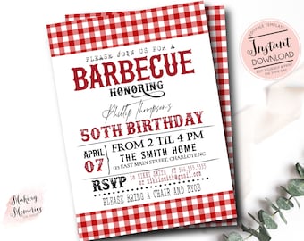 May include: Red and white gingham patterned printable invitation for a 50th birthday barbecue. The invitation says "Please join us for a barbecue honoring Phillip Thompson's 50th birthday. April 07 from 2 til 4 pm. The Smith Home 123 East Main Street, Charlotte NC. RSVP to Nikki Smith at 556.555.5555 or nikkismith@gmail.com. Please bring a chair and BYOB."