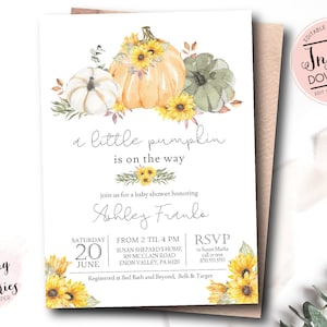 Pumpkin Baby Shower Invitation, A little pumpkin is on the way baby shower, pumpkin invitation, INSTANT DOWNLOAD, pumpkins and sunflowers