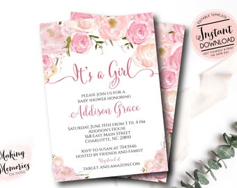 Pink Floral Baby Shower Invitation, Watercolor Flower Invitation, Floral Invitation, Shower Invitation, DIY, Floral Invite, Flower Invite p2