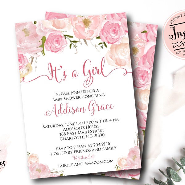 Pink Floral Baby Shower Invitation, Watercolor Flower Invitation, Floral Invitation, Shower Invitation, DIY, Floral Invite, Flower Invite p2