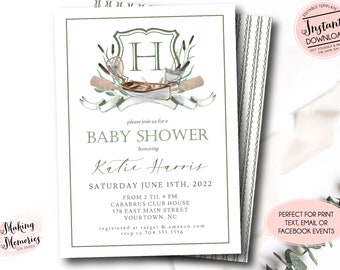 Fishing Baby Shower Invitation, Editable Fishing baby shower Template, Reel Excited It's a Boy, Southern Crest Fish, Rustic fish,Canoe oars