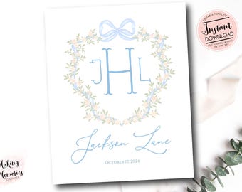 Printable Hospital Door Sign, Blue Watercolor Monogram Crest, Bassinet sign, Boy Nursery art, Boy Hospital Sign, Crest Monogram & Name