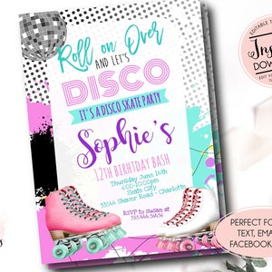 disco skate birthday party invitation, roller skating birthday party invite, 80's skate party, retro skate party, editable instant download