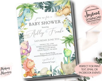 Dinosaur baby shower invitation, dinosaur invite, watercolor dinosaur, roar its a boy, Instant Download, Edit yourself, Template, Printable