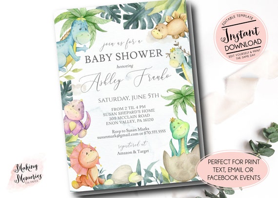 Dinosaur baby shower invitation, dinosaur invite, watercolor dinosaur, roar its a boy, Instant Download, Edit yourself, Template, Printable