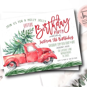 Christmas birthday Party Invitation, Red Truck with Tree Birthday Invitation, Editable Template Invitation, Holiday Instant Download