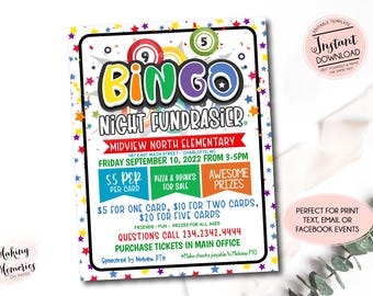 Op de afbeelding: Een kleurrijke Bingo Night Fundraiser flyer met ster- en confetti-accenten. De flyer bevat de tekst "BINGO NIGHT FUNDRASIER" en evenementdetails zoals datum, tijd en locatie. Het vermeldt ook prijzen en ticketinformatie.