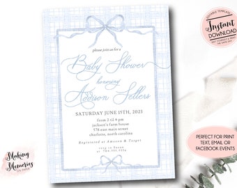 Blue Gingham Baby Shower Invitation, Boy Baby Shower, Preppy Southern baby shower, Sprinkle Baby Shower, Blue Bow Ribbon Themed Invitation