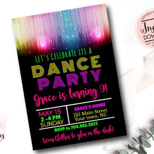 Glow in the dark invitation, glow invite, glow invitation, Just Dance, Dance Party, TWeen, Template, Instant download, Teen invite, dance
