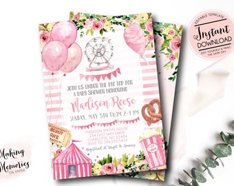 Pink Carnival baby shower Invitation, Girl Circus baby shower Invitation, Edit yourself instant download circus invite, pink and yellow