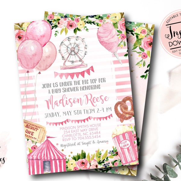 Pink Carnival baby shower Invitation, Girl Circus baby shower Invitation, Edit yourself instant download circus invite, pink and yellow