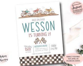 Puede incluir: Una invitación blanca con ilustraciones en acuarela de tres motos de cross compitiendo. El texto dice "Race on Over Wesson is Turning 2!" con detalles del evento y un diseño de bandera a cuadros.