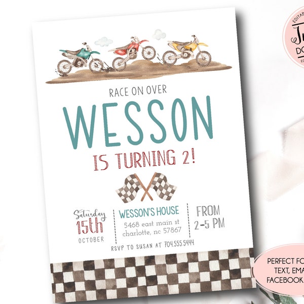 Dirt Bike Birthday Invitation, Editable Dirt Bike invitation, Two fast Birthday Invite Template, motorcycle birthday invitation, bike party