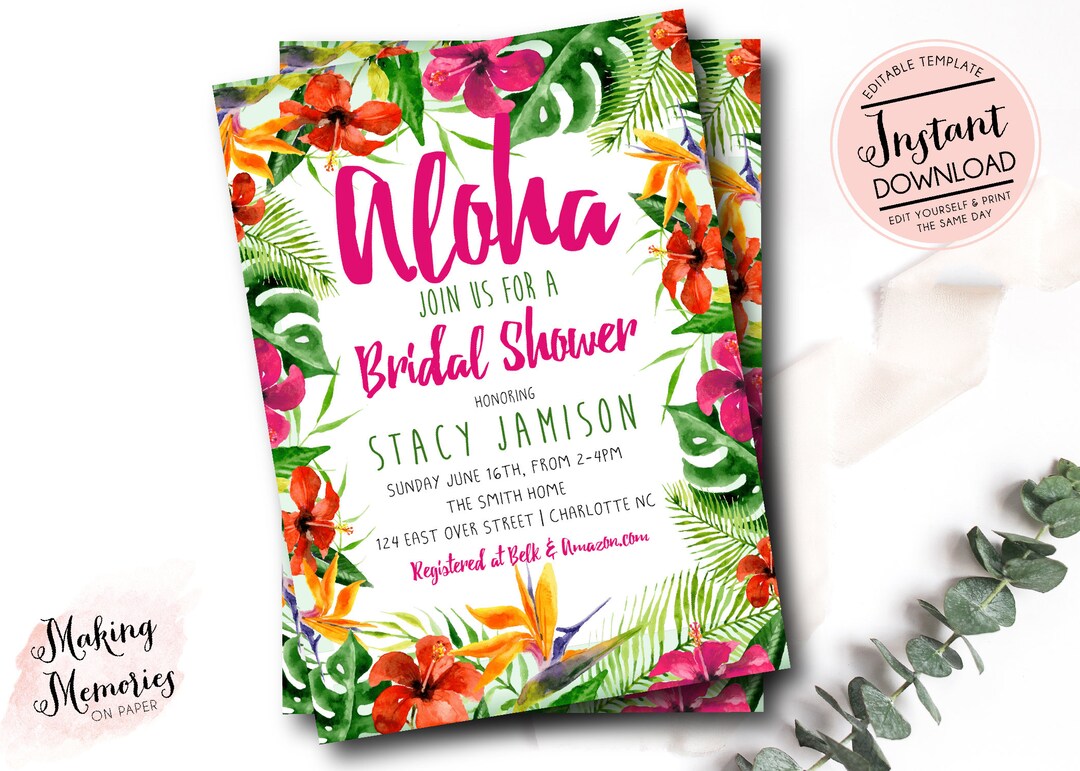 Hawaiian Bridal Shower Invitation, Instant Download, Bridal Shower
