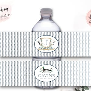 Editable Duck water labels, Monogram Crest Duck, Mallard water bottle labels, Adult Hunting Birthday, Boy Preppy Duck Birthday decoration
