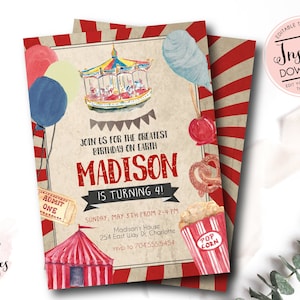 Carnival Birthday Invitation, Circus Birthday Invitation, Edit yourself instant download circus invite, Circus first birthday