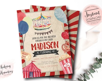 Carnival Birthday Invitation, Circus Birthday Invitation, Edit yourself instant download circus invite, Circus first birthday