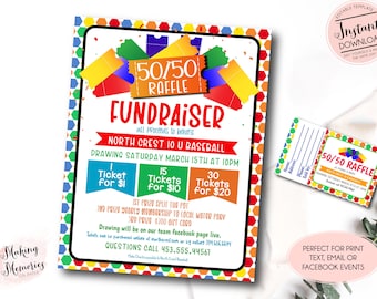 May include: A colorful printable flyer for a 50/50 raffle fundraiser to benefit North Crest 10U Baseball. The flyer includes ticket prices and drawing details. The text reads "50/50 Raffle Fundraiser all proceeds to benefit North Crest 10U Baseball Drawing Saturday March 15th at 10pm 1 Ticket for $1 15 Tickets for $10 30 Tickets for $20 1st prize split the pot 2nd prize yearly membership to local water park 3rd prize $300 gift card Drawing will be on our team facebook page live. Tickets can be purchased online at northcrest.com or by calling 704.606.6091 QUESTIONS CALL 453.555.44567"