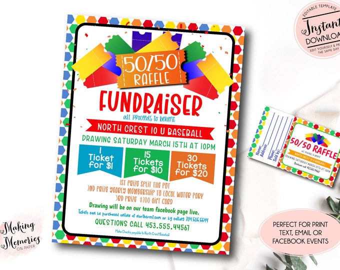 50/50 Raffle Ticket Fundraiser Flyer, Split the Pot Raffle Fundraiser ...