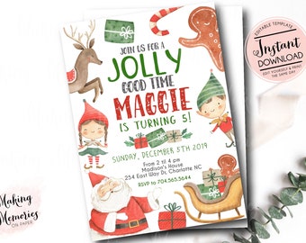 Christmas Birthday Party Invitation, Santa Birthday Party Invitation, Jolly Good Time Birthday Invitation, Edit yourself instant download