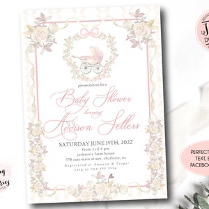Baby carriage shower invitation, Girl Baby Shower, Preppy Southern baby shower invite, Pink Stroller baby shower, Editable Girl Shower