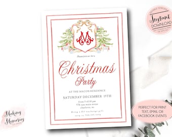 Christmas Crest Invitation, Classic Christmas party Invitation, Preppy Christmas Party, Nutcracker Crest, Edit yourself instant download