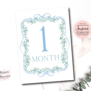 Cartes d'étape mensuelles pour garçon, cartes d'étape mensuelles aquarelle florale pour bébé garçon, cartes d'étape bleu du Sud, téléchargement immédiat preppy