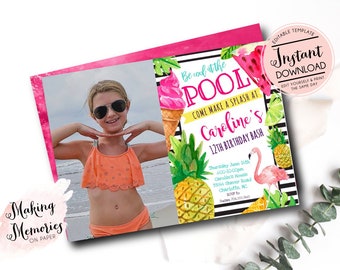 Pool Party Invitation, Tropical Pool Party, Birthday Invitation, Instant Download, Editable, Summer, Tropical, Hawaiian, Swimming