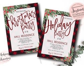 May include: Two holiday party invitations with a red and black buffalo plaid border. The invitations have the text "Christmas Party" and "Holiday Party" in a burgundy script font, with event details and floral accents.