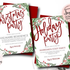 May include: Two holiday party invitations with red and green watercolor accents. One invitation reads "Christmas Party" and the other reads "Holiday Party". Both include event details and a phone number. The invitations are on a white background.