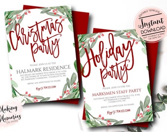 Holly and Ivy Christmas Party, evergreen Holiday Party, Company Christmas party invitation, Holiday party invitation, edit yourself instant