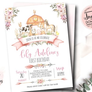 Farm Birthday Invitation, girl farm invitation, girl farm invite, yellow girl farm invite, barnyard party, Edit yourself  Instant Download