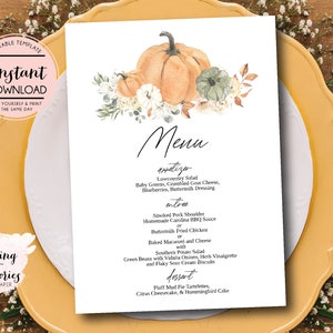 Thanksgiving Menu, fall menu, Autumn menu, pumpkin menu, fall bridal shower menu, editable menu, instant download, edit yourself menu