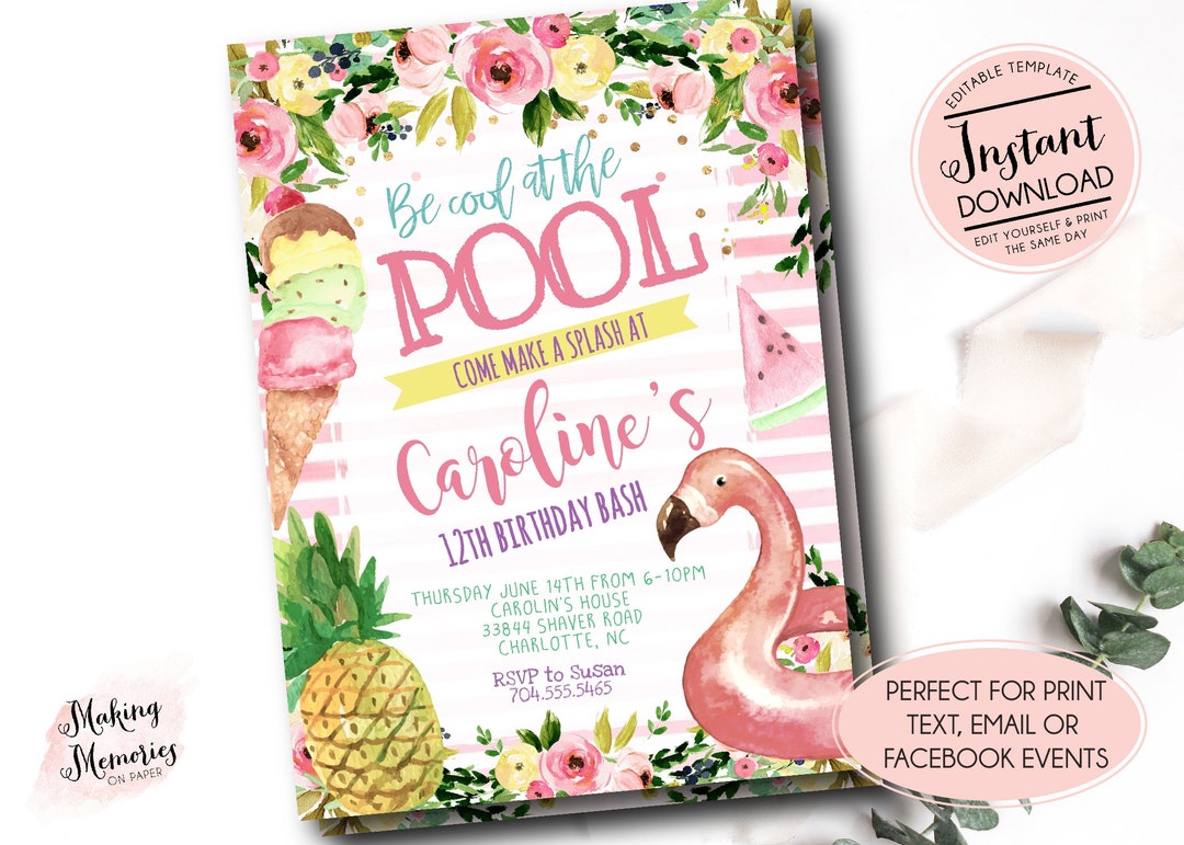 Pool Party Invitation, Tropical Pool Party, Birthday Invitation ...