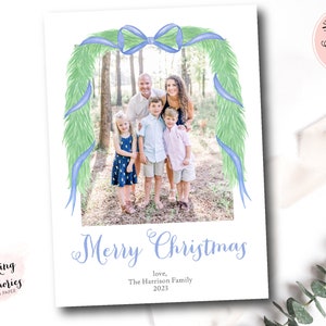 Cartão de Natal com foto Blue Garland, Cartão de Natal Grandmillenial, Cartão de Natal com foto, Cartões de Natal, Heirloom Southern Christmas
