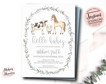 Uitnodiging boerderij babyshower, babyshower jongensboerderij, moderne boerderij uitnodigen, babydieren douche, bewerk jezelf sjabloon direct downloaden