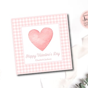 Etiquetas de San Valentín imprimibles, etiquetas de favor de San Valentín de Gingham rosa, etiqueta de San Valentín de acuarela de chica preppy, favores de San Valentín de la escuela, corazón rosa