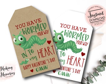 Personalized Worm Valentine's Day Tag, Gummy Worm Valentine's Tag, boy school valentine, Personalized Valentine, Printable Valentine card