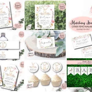 May include: A set of printable party decorations featuring a bunny rabbit in a floral wreath. The set includes a welcome sign, cupcake toppers, water bottle labels, favor tags, and a banner that says "BABY".