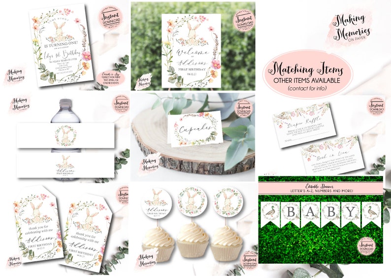 May include: A set of printable party decorations featuring a bunny rabbit in a floral wreath. The set includes a welcome sign, cupcake toppers, water bottle labels, favor tags, and a banner that says "BABY".