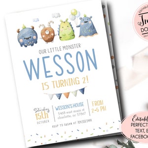 Monster Birthday Invitation, Editable Little Monster Birthday Invitation Template, Monster Bash Invite, Boy Birthday, Instant download