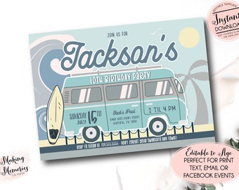 May include: A blue and white birthday party invitation with a cartoon illustration of a vintage van with a surfboard on the side. The text on the invitation reads "Join us for Jackson's 10th Birthday Party, Saturday 15th July, 2 til 4 pm, Jack's Pool, 5468 East River Street, Horton, NC 12581, RSVP to Susan at 704.555.5555 - Don't forget your swimsuit and towel!"