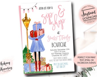 May include: An invitation to a Sip & Shop event at Yours Truly Boutique. The invitation features a watercolor illustration of a woman holding gifts in front of a street lamp and a Christmas tree. The event is on Saturday, December 15th from 2 to 4 pm at 457 Parkside Commons, Charlotte, NC 68977. The first 20 customers get 30% off.