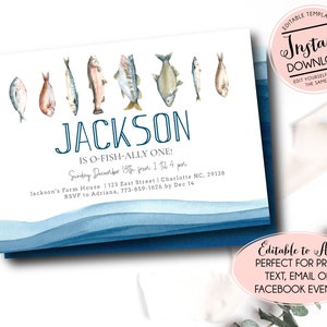 Fishing Birthday Invitation Template, O-fish-ally, The Big ONE, Editable Fishing birthday, Adult fishing birthday, First birthday party