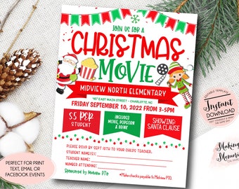 May include: A Christmas Movie invitation with red and green banners, featuring Santa Claus and an elf. The invitation includes details for a movie event at Midview North Elementary on September 10, 2022, from 3-5 PM.