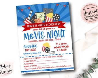 Op de afbeelding: Een uitnodiging voor een filmavond met een blauw en rood thema. De uitnodiging bevat tekst voor een schoolevenement, met popcorn en een filmrol-afbeelding. De tekst luidt "MOVIE NIGHT" en "The Lorax".