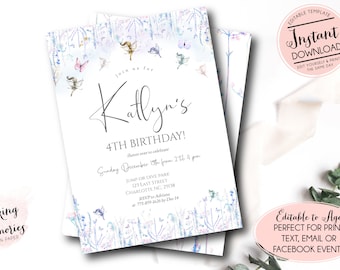 May include: A printable invitation for a 4th birthday party with a whimsical fairy theme. The invitation features a watercolour background with delicate flowers and butterflies. The text reads "Join us for Katlyn's 4th Birthday! Flutter over to celebrate Sunday December 15th from 2 til 4 pm. Jump or Dive Park 123 East Street Charlotte NC. 29138 RSVP to Adriana at 773-899-1626 by Dec 14."