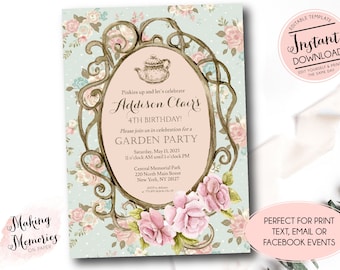 Tea Party Birthday Invitation, Shabby Chic Tea Party Invite, Garden Party invitation, EDITABLE Tea Party Birthday Invitation, High Tea