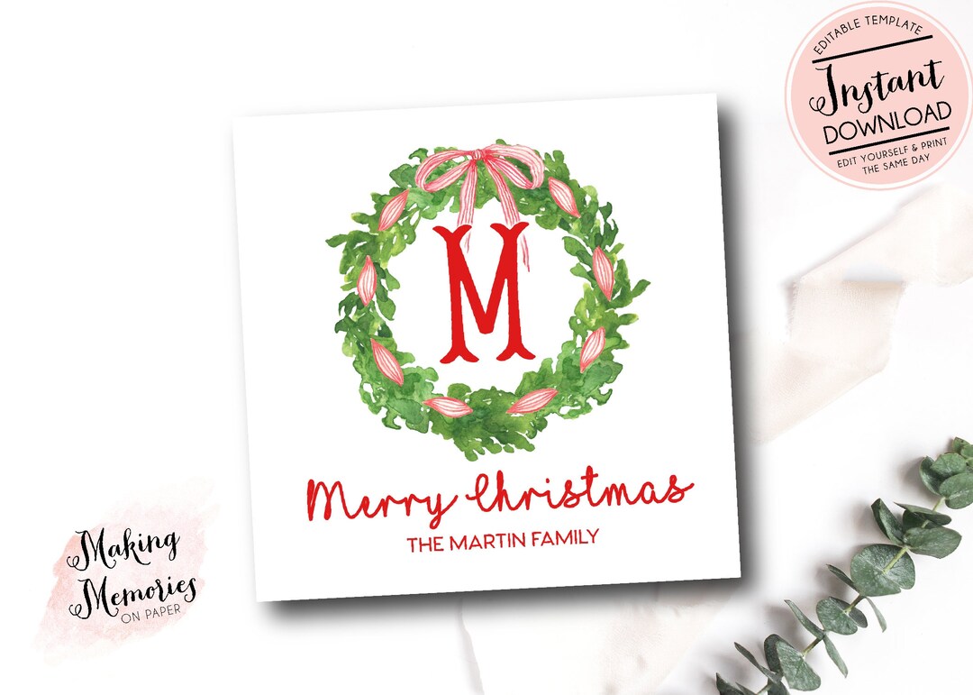 Christmas Enclosure Card, Monogram Christmas Calling Card, Personalized