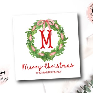 Kerstbijlagekaart, Monogram Christmas Calling Card, Gepersonaliseerde Christmas Tag, Holiday krans Calling Card, Briefpapier, Vierkante kaart